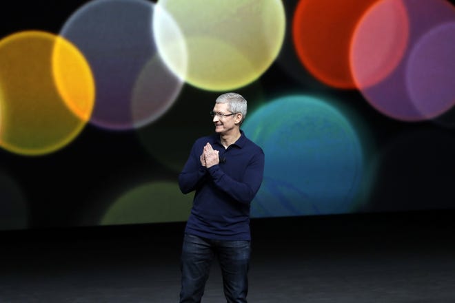 Apple CEO Tim Cook speaks during an event to announce new products on Wednesday in San Francisco. (AP Photo/Marcio Jose Sanchez)