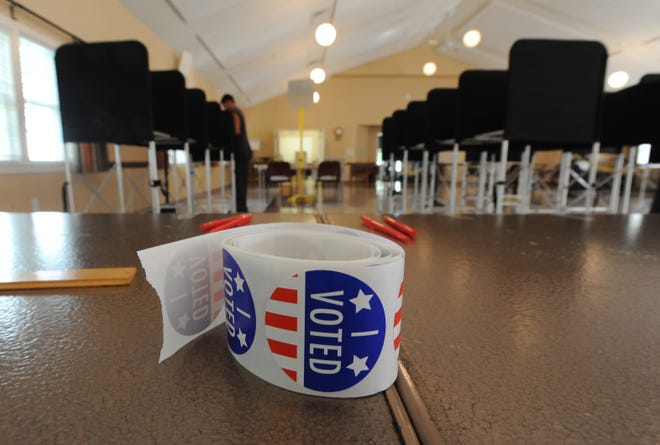 Stickers await Brewster voters in today's primary election. Town officials were preparing Brewster Baptist Church on Wednesday. Several races for state Legislature and a congressional race are on the ballot. Merrily Cassidy/Cape Cod Times