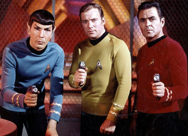Actors Leonard Nimoy, William Shatner and James Doohan from the original “Star Trek” series. The show premiered 50 years ago as one of the new fall shows on NBC’s 1966-1967 schedule. Tribune News Service
