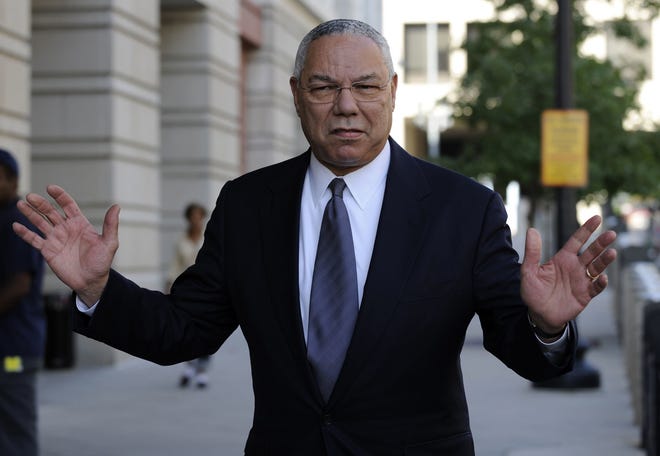 In this Oct. 10, 2008, file photo, former Secretary of State Colin Powell is seen in Washington. Powell is defending himself following the release of a 2009 email exchange with Hillary Clinton, describing his use of a private, dial-up email account to carry out U.S. government business. Powell said in a statement Sept. 8, 2016, he viewed his use of private email to communicate with foreign leaders and U.S. officials as private conversations similar to phone calls. (AP Photo/Susan Walsh, File)