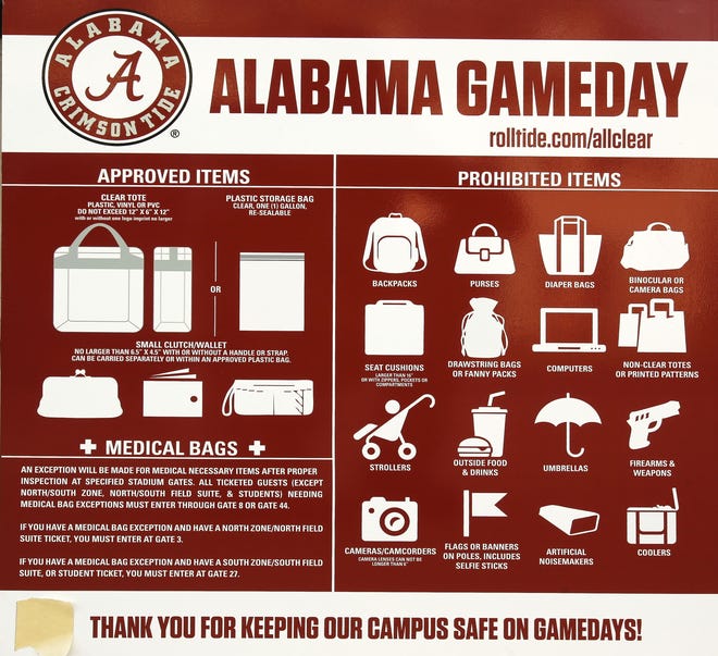 Signs showing the prohibited items, including all bags that are not clear, are being posted near gates at Bryant-Denny Stadium as the home opener draws near Thursday. (Staff Photo/Gary Cosby Jr.)