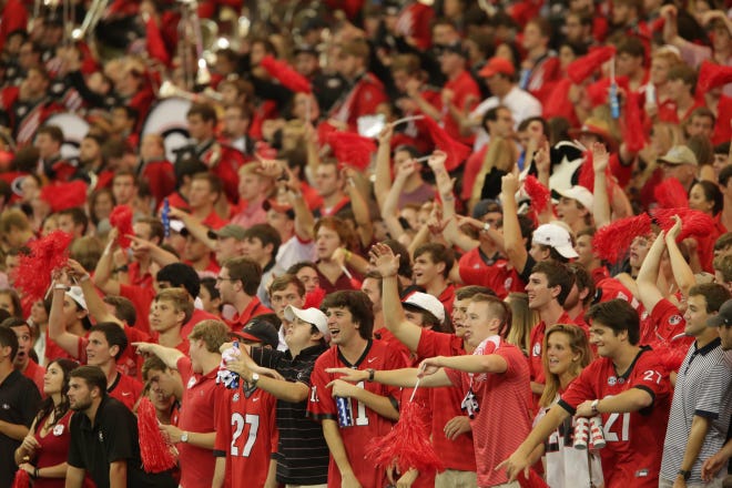 Georgia fans cheer during the second quarter of the Georgia North Carolina game at the Georgia Dome, Saturday, September 03, 2016. (Photo/ John Roark, Athens Banner-Herald)