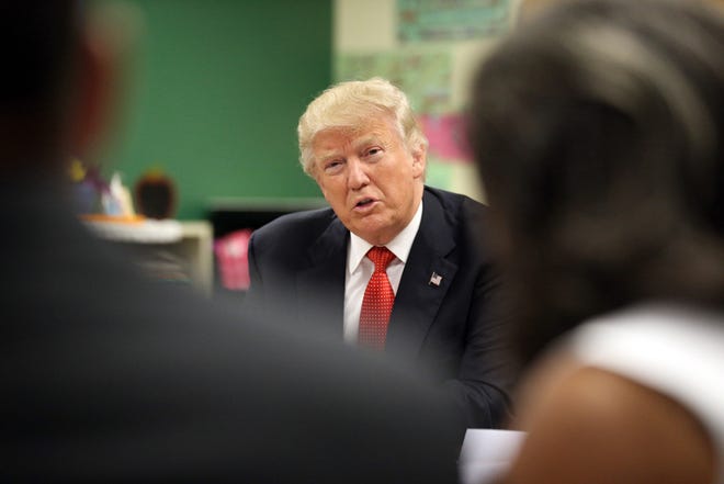 Republican presidential candidate Donald Trump speaks during a small group roundtable held at the Cleveland Arts and Social Sciences Academy on Thursday, Sept. 8, 2016.(Thomas Ondrey/The Plain Dealer via AP)


=