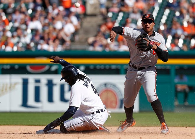 Baltimore Orioles second baseman Jonathan Schoop (6) throws to complete a double play as Detroit Tigers' Cameron Maybin (4) slides on a Miguel Cabrera ground ball in the eighth inning of a baseball game in Detroit, Sunday, Sept. 11, 2016. (AP Photo/Paul Sancya)