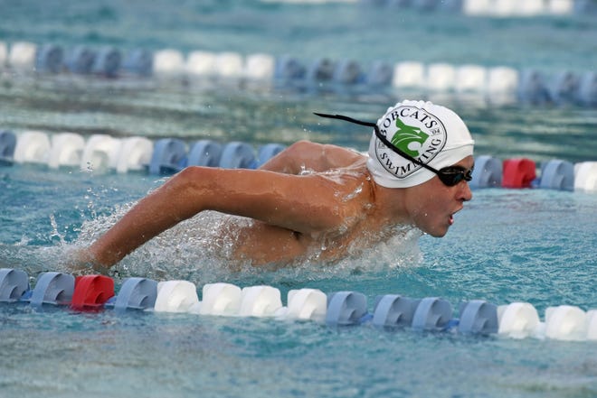 Kegan Brandt competes in the 100 yard butterfly for Bluffton High at the meet hosted by Hilton Head High School.