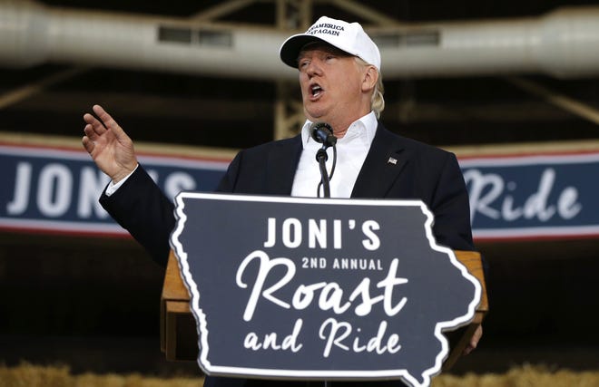 Republican presidential candidate Donald Trump speaks at Joni's Roast and Ride at the Iowa State Fairgrounds, in Des Moines, Iowa, Saturday, Aug. 27, 2016. (AP Photo/Gerald Herbert)