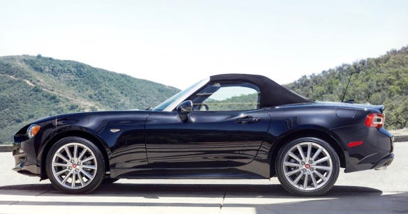 Available now as a 2017 model, Fiat’s new 124 Spider ragtop is built in the Mazda plant in Hiroshima, Japan, alongside its fraternal twin, the Miata. The Spider is 4 inches longer than a Miata and has its own engine, a 160HP turbo Four, as well as a revised suspension. Three versions are available and prices start at $26,000. (FCA)
