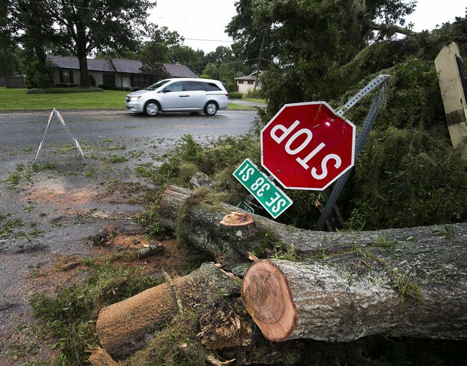 A vehicle makes its way through the intersection of Southeast 38th Street and Southeast 26th Court Road where a tree fell taking out the stop sign and power lines. Trees and power lines were down after an afternoon thunderstorm rolled through Marion County on Monday afternoon. (Doug Engle/Ocala Star-Banner)