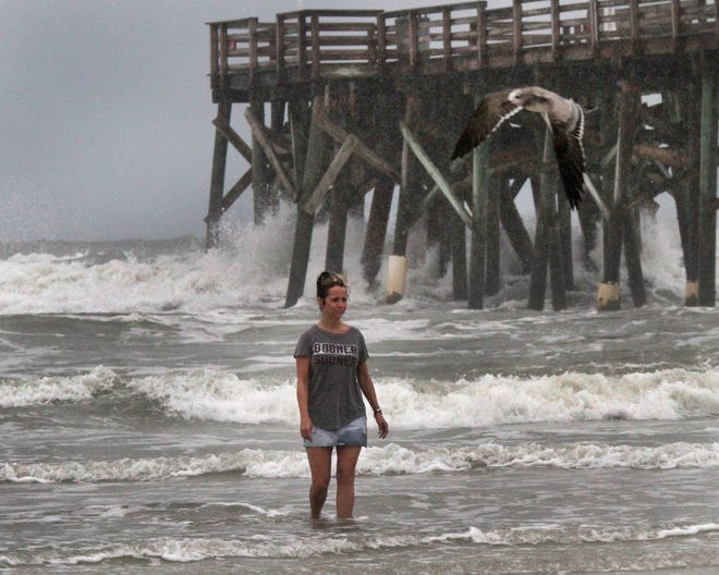 Manda Lane, visiting from Oklahoma, wades in the rough surf next to the Daytona Beach Pier as a gull fights the wind in front of her. A tropical disturbance brought high winds and heavy rains to Volusia and Flagler counties. News-Journal/David Tucker