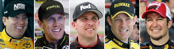 These are 2016 file photos showing NASCAR drivers from left, Kyle Busch, Carl Edwards, Denny Hamlin, Matt Kenseth and Martin Truex Jr. Once again, Joe Gibbs Racing heads into NASCAR's playoffs with a stacked lineup and an eye on the Sprint Cup championship. JGR has all four of its drivers in the playoff field, as well as Martin Truex Jr., who is aligned with the team. Associated Press file