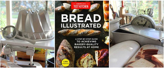 The newly-released "Bread Illustrated: A Step-by-Step Guide to Achieving Bakery-Quality Results At Home," by the editors of America's Test Kitchen (americastestkitchen.com), plus the right pans, deliver professional looking, and tasting, homemade bread. Designed with quick-release interiors, Nordic Ware's Kugelhopf pan, left, and King Arthur Flour's lidded Pain de Mie loaf pan, right, are durable, meant to last a lifetime - and made in the U.S.A. Visit nordicware.com and kingarthurflour.com for further information, including particulars on how to purchase. Photo credits: Cookbook cover phot, Carl Tremblay; food styling, Catrine Kelty.