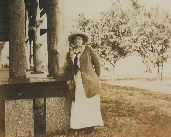 Princess Angela Sherbatoff by the porch of the lodge built by her first husband, Henry Cutting. The lodge and surrounding land would eventually be purchased by Flagler County and become the Princess Place Preserve. FLAGLER COUNTY HISTORICAL SOCIETY