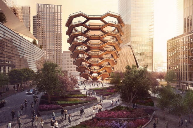 This artists rendering provided by Related- Oxford shows the design for the proposed Public Square and Gardens at Hudson Yards featuring the "Vessel." The new public art installation by Thomas Heatherwick is the centerpiece of a $200 million plaza project. The design for it has been kept under wraps until now, but the developer is setting a high bar and has said it "will become to New York what the Eiffel Tower is to Paris." (Related-Oxford via AP)