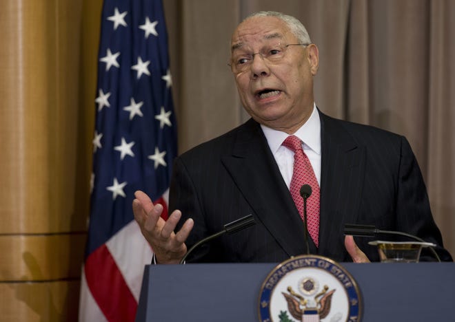 In this photo taken Sept. 3, 2014, former Secretary of State Colin Powell speaks at the State Department in Washington. Powell, in newly leaked emails, criticized both major presidential candidates, calling Donald Trump "a national disgrace" and lamenting Hillary Clinton's attempt to equate her email practices with his. (AP Photo/Carolyn Kaster)