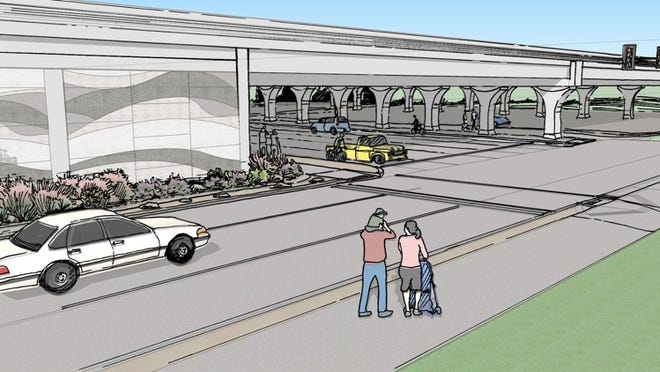 This artist’s rendering for the third design concept for I-35, between Rundberg Lane and Woodland Avenue, features a wavy, natural motif. The design would include repeating panels with raised concrete lines mimicking prairie grasses and hills, native plants, a standard guardrail with horizontal accents and curvy Y-shaped columns.