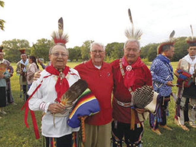 Native Pawhuskan Andy Treat, center, is shown here during this summer’s Osage In-Lon-Schka celebrations. The retired engineer has helped provide assistance all over the country as a member of the American Red Cross chapter in his adopted home of Harlingen, Texas.