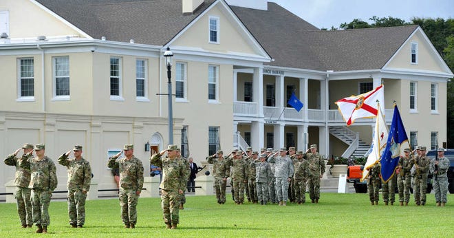 PETER.WILLOTT@STAUGUSTINE.COM Florida National Guard soldiers and airmen salute during a ceremony held in front of their headquarters in St. Augustine to celebrate their organization's founding on Sept. 16, 1565 on Friday, September 16, 2016. Spanish explorer Pedro Menendez de Aviles is credited in founding the guard in 1565 when he called on civilian settlers in St. Augustine to help in attacking the French settlement of Fort Caroline, near Jacksonville.