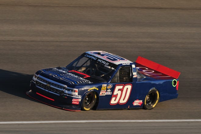 MAKE Motorsports' No. 50 Chevrolet Silverado driven by Travis Kvapil honors fallen Shelby Police Officer Tim Brackeen on Friday at Chicagoland Speedway in Joliet, Ill. Special to The Star