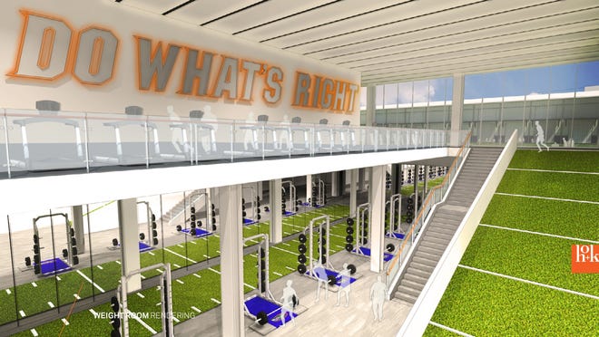 This rendering provided by the University of Florida Athletic Association shows the proposed new football program weight room as part of its construction master plan.