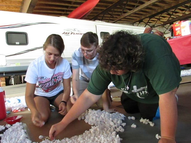 LCHS seniors Danielle D'andrea, left, Elliot Smith and Anna Sielaff, all of Lincoln, attach rolled up napkins to their float scene Thursday at the City garage on Chicago Street. Photo by Jean Ann Miller/The Courier