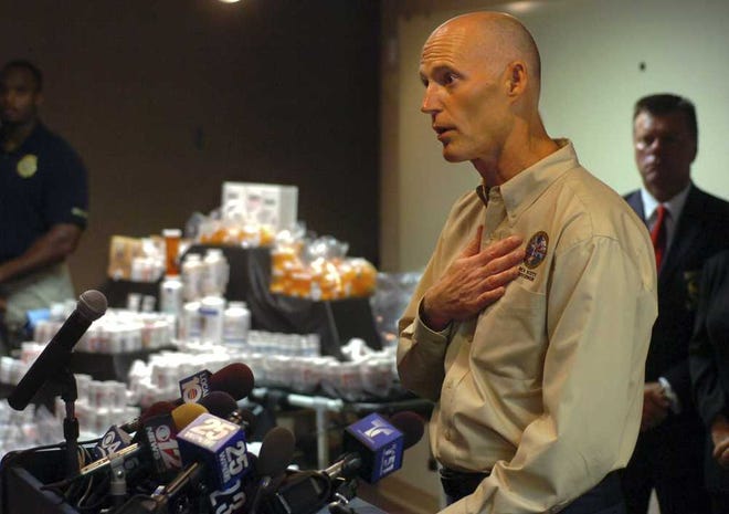 Since a crackdown that began in 2011, Gov. Rick Scott's office says the state's Drug Enforcement Strike Force Team has made 2,150 arrests, including 34 doctors, related to prescription drug abuse. In March Scott signed into opioid drug abuse-deterrent legislation into law. Scott has received a total of $10,000 in contributions from opioid manufacturers, according to data.