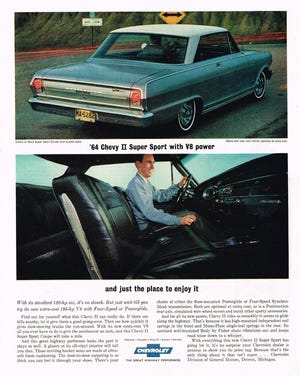 This Chevrolet ad for its Chevy II featured the availability of 283 V8 power added to very tame four and six cylinder engine offerings. Once the street and hot rod crowd realized the potential of light weight and high-winding V8 engines, the drag strips were overcrowded with Chevy’s new little Chevy II compact car. (Advertisement compliments Chevrolet)