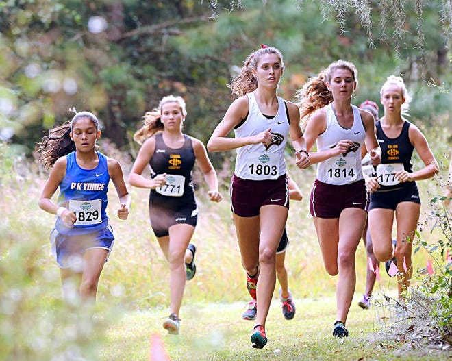 Oak Hall's Grace Blair (1803) leads the pack early in cross country season with a time of 19 minutes.