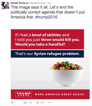 This screenshot shows the tweet posted on Monday, Sept. 19, 2016, by Donald Trump Jr., in which he compares Syrian refugees to a bowl of poisoned Skittles. The post caused a stir and negative tweets on the internet into Tuesday, including a terse response from Skittles parent company, Wrigley Americas. "Skittles are candy. Refugees are people. We don't feel it's an appropriate analogy," Vice President of Corporate Affairs Denise Young said in the statement. (Twitter via AP)