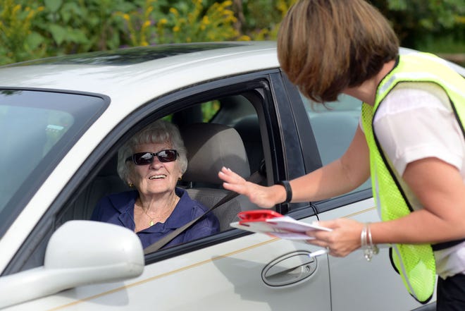 Bristol resident Ann Galioto (left), 86, goes over safety tips with Kimberly Everett, Trauma Prevention Coordinator for St. Mary Medical Center Tuesday, Sept. 20, 2016, during the medical center's CarFit program at the Bristol Township Senior Center.