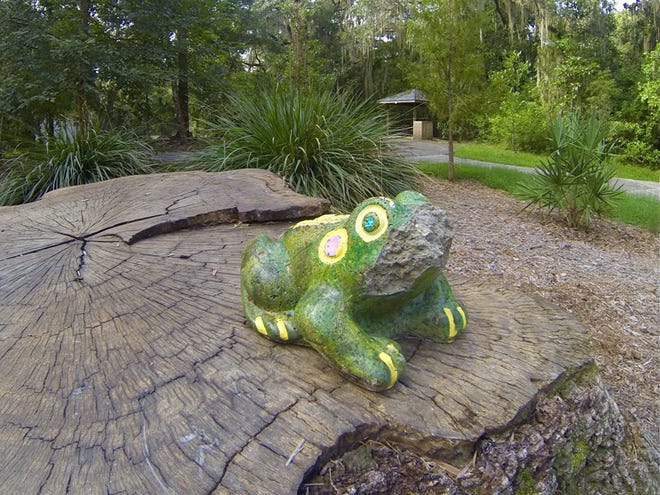 A concrete frog sits on a tree stump in Walter Jones Historical Park -- the spot where last year a similar frog first mysteriously appeared. That frog -- and more than a thousand like it -- are the creation of a Mandarin man who prefers to remain anonymous.