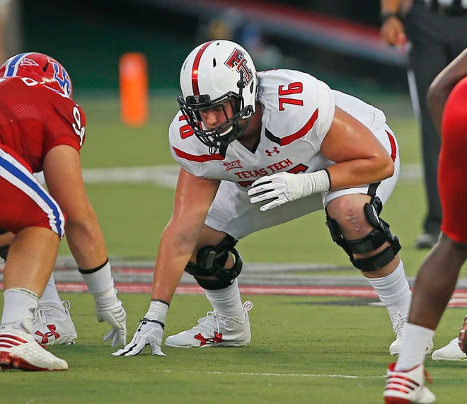 Texas Tech's Paul Stawarz (76) lines up after replacing Terence Steele, who was injured, during an NCAA college football game against Louisiana Tech, Saturday, Sept. 17, 2016, in Lubbock, Texas. (Brad Tollefson/A-J Media)