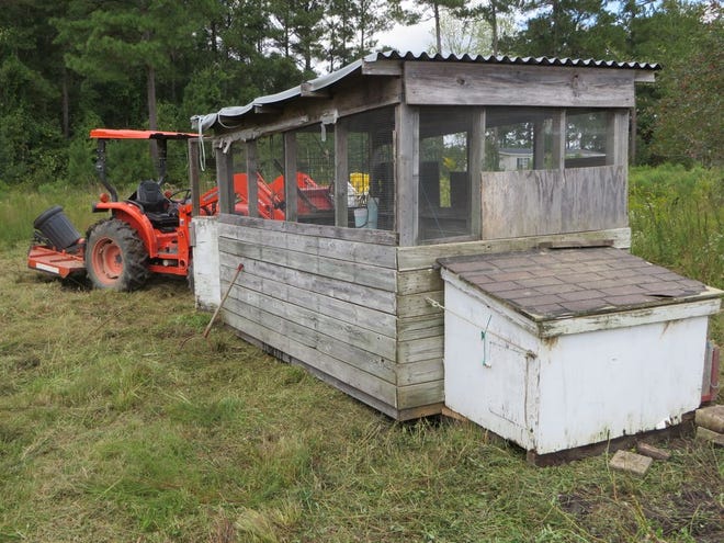 This quail pen is moved to a new site every couple of years to reduce the chance of pathogens becoming established in the soil underneath. It's a simple matter to disconnect the catch box and drag the main structure with a tractor.
