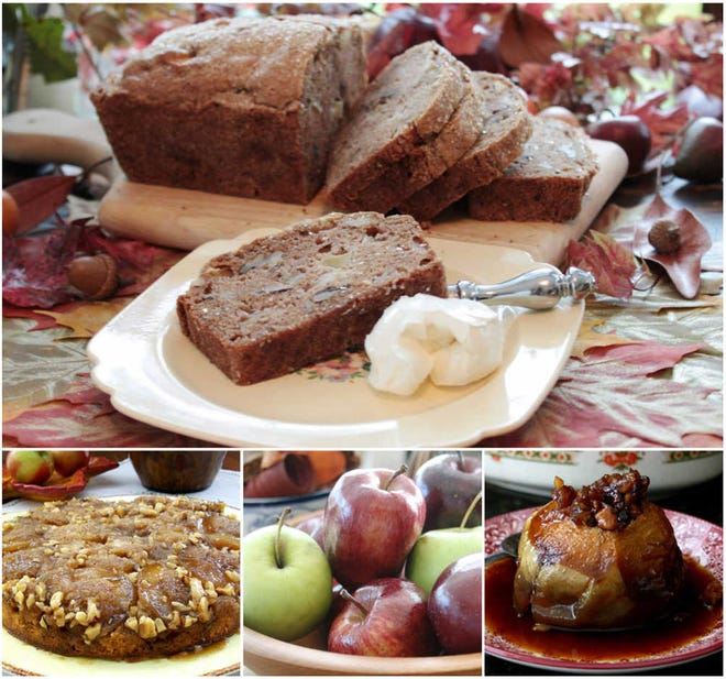 Available year-round, common Granny Smith and Golden Delicious apples are good choices for making Apples and Spice Bread (top), Apple Upside-Down Cake (bottom left) and Apples Baked in Boiled Cider (bottom right).