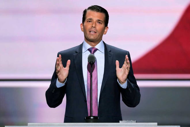 FILE - In this July 19, 2016, file photo, Donald Trump Jr., son of Republican presidential candidate Donald Trump, speaks at the Republican National Convention in Cleveland. The younger Trump posted a message on Twitter likening Syrian refugees to a bowl of poisoned Skittles, causing a stir and negative tweets on the internet into Tuesday, Sept. 20. (AP Photo/J. Scott Applewhite, File)