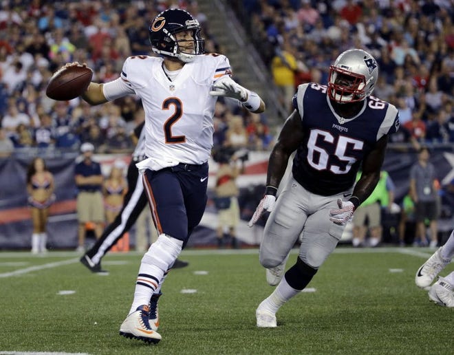 Patriots defensive lineman Anthony Johnson chases Bears quarterback Brian Hoyer in an Aug. 18 preseason game in Foxboro.