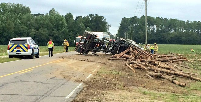 Overturned log truck on Maxwell Road in eastern Cumberland County
