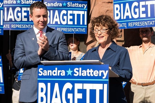 Sandra Biagetti, right, and Ryan Fattman at a campaign event this summer. Daily News Photo/Jeff Swerdlick