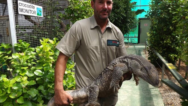 Texas Reptile Zoo owner Tim Caglarcan holds “Rebbles” a Cape Rock monitor lizard, which weighs about 60 pounds. JILLIAN BECK/BASTROP ADVERTISER