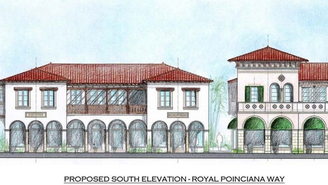 Unlike the original plan for the Testa property, the latest design eliminated second-floor bridges between the buildings. As presented to the Architectural Commission Wednesday, three separate mixed-use buildings would face Royal Poinciana Way, with Testa’s Restaurant occupying the ground floor of the one on the left. Three other buildings would face Sunset Avenue. Courtesy of Dailey Janssen Architects