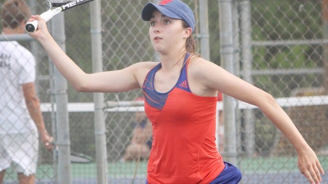 Fernanda Contreras stays focused during her girls singles finals match at the District 14-6A Championships at the UT Intramural Courts on April 9, 2015.
