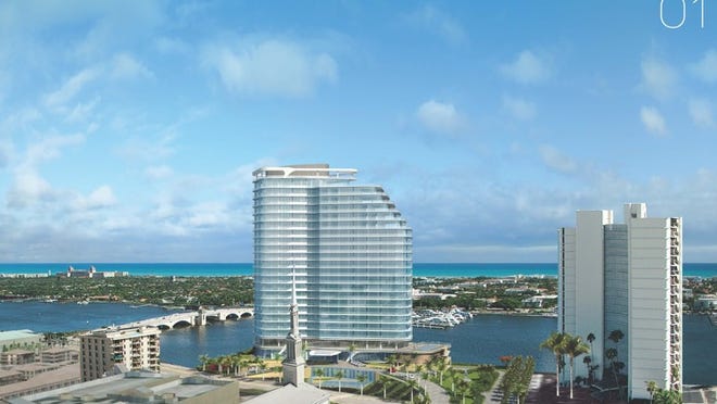 Artists’ renderings of the approved tower design for the proposed condominium at the Chapel-by-the-Lake site on the West Palm Beach waterfront. Courtesy Urban Design Kilday Studios.