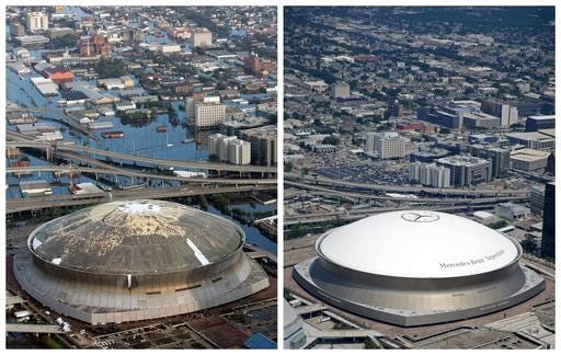 FILE - This combination of Aug. 30, 2005, left, and July 29, 2015 aerial photos shows downtown New Orleans and the Superdome flooded by Hurricane Katrina, left, and the same area a decade later. When the New Orleans Saints host rival Atlanta on Monday night, it'll mark the 10-year anniversary of the stadium's reopening, and a victory over the Falcons that symbolized a city's determination to rebuild from one of the worst natural disasters in American history. (AP Photo/David J. Phillip, left, and Gerald Herbert, File)