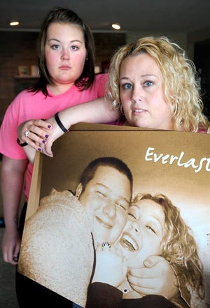 In 2013, Autumn Stump (left) and her mother Kelly Duvall expressed their grief over the loss of brother and son T.J. Stump (pictured on poster) to a heroin overdose when no one around him called for help.