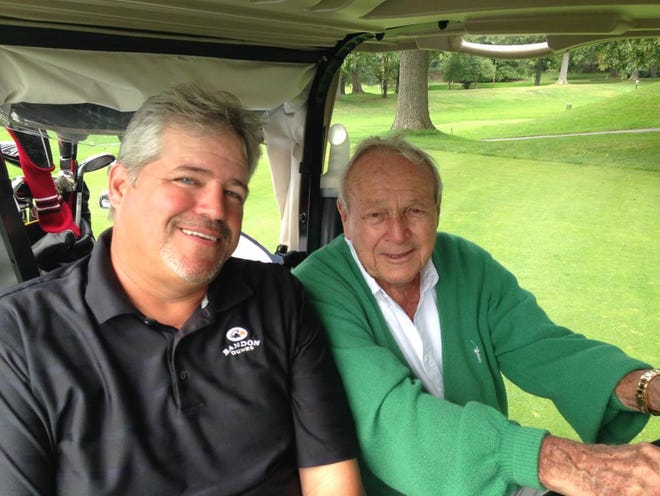 Golf writer Jeff Babineau with Arnold Palmer at Latrobe Country Club in 2013.