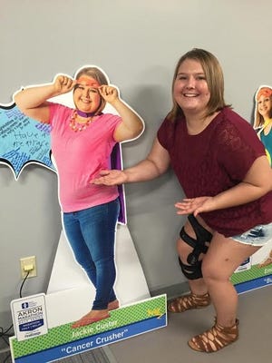 Jackson High graduate Jackie Custer poses next to her cutout at Akron Children's Hospital following her final chemotherapy treatment on Thursday. Custer has the cutout because she is a "hero" for the Akron Marathon. (Submitted photo)