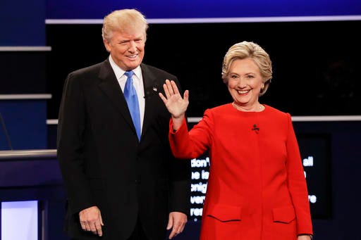 Republican presidential nominee Donald Trump and Democratic presidential nominee Hillary Clinton are introduced during the presidential debate at Hofstra University in Hempstead, N.Y., Monday, Sept. 26, 2016. -(AP Photo/David Goldman)