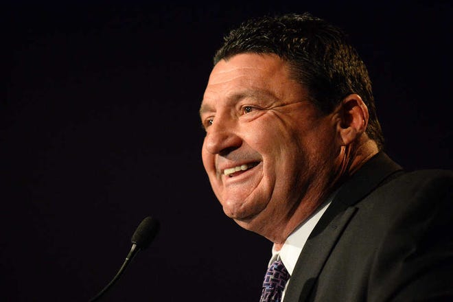 FILE - In this Jan. 14, 2015, file photo, LSU defensive line coach Ed Orgeron speaks during a news conference in Baton Rouge, La. Orgeron says that as a Louisiana native, it is "a dream" to have the opportunity to be LSU's head coach. He was formally introduced as Les Miles' interim replacement on Monday, Sept. 26, 2016. (AP Photo/Hilary Scheinuk, File)
