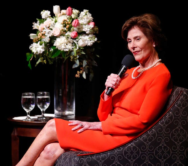 Former first lady Laura Bush talks during a fundraiser for the Laura W. Bush Institute for Women's Health on Tuesday at Texas Tech.