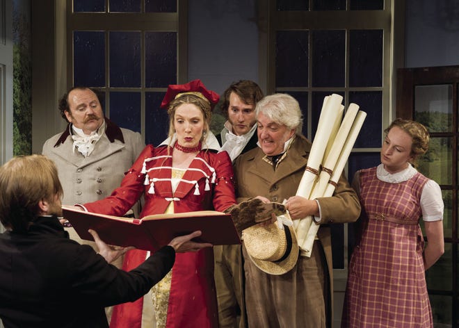 Left to right, Brandon Whitehead as Ezra Chater, Deb Martin as Lady Croom, Jeff Church as Septimus Hodge, Tom Gleadow as Richard Noakes, and Grace Viveiros as Thomasina Coverly in 'Arcadia' at The Gamm.