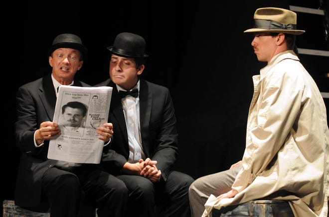 Actors in the production “The 39 Steps” are pictured during rehearsal, from left: Kevin Burke, Austin Willis and Kurt Hassler. Photos courtesy of Bryan Hallman.